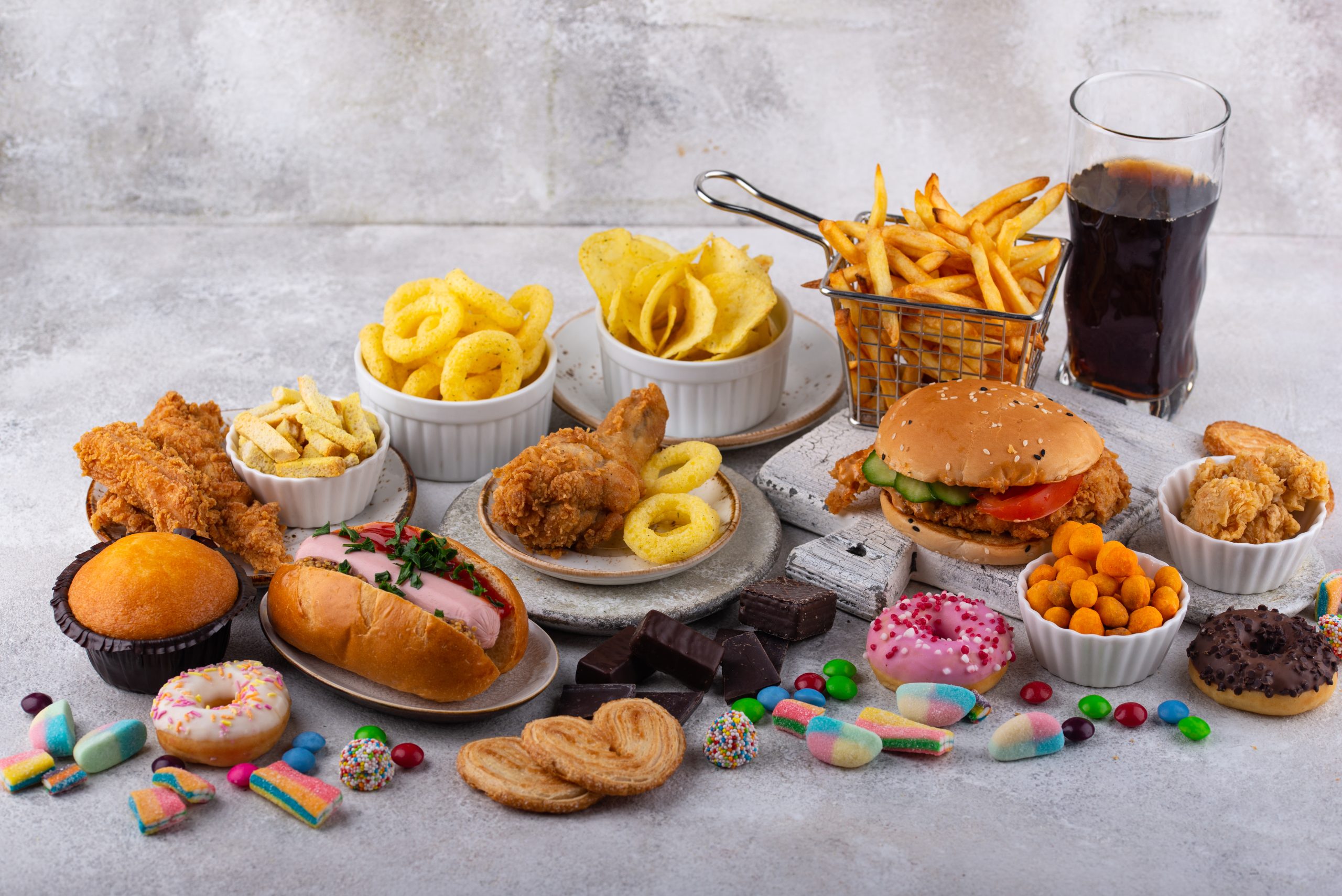assortment of unhealthy foods to avoid while detoxing